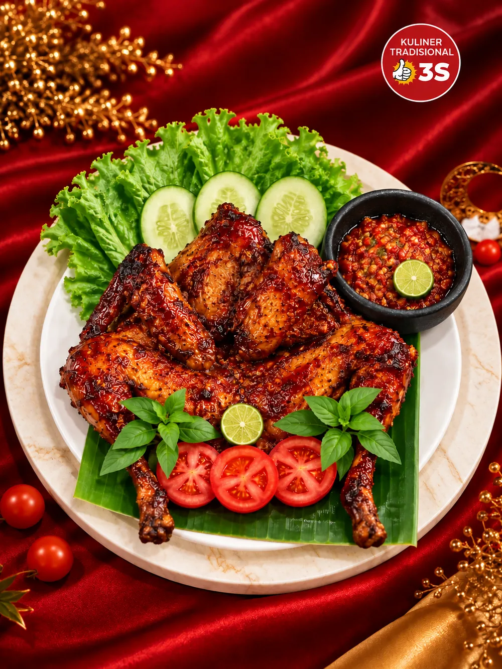Ayam Bakar Bumbu Rujak — ayam bakar utuh berbalut bumbu rujak cokelat kemerahan mengilap, di atas daun pisang bersama selada, timun, tomat, jeruk nipis dan sambal dalam cobek batu