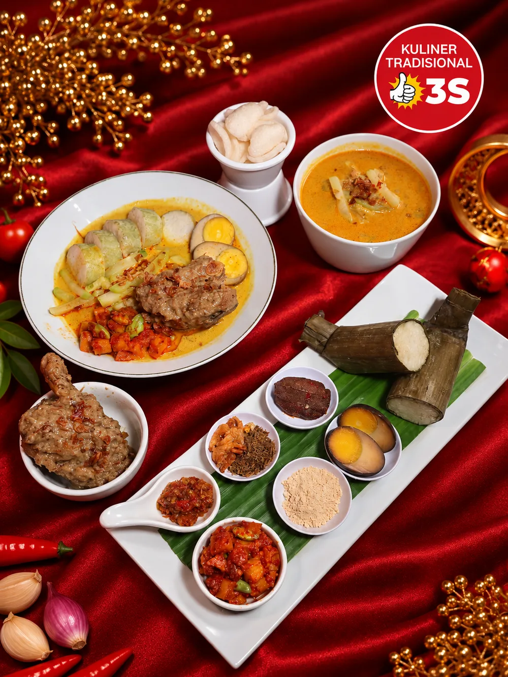 Lontong Cap Go Meh — lontong berkuah opor di piring putih, dilengkapi opor dalam mangkuk, lontong daun, telur pindang, koya, sambal goreng dan kerupuk di piring saji panjang, berlatar satin merah