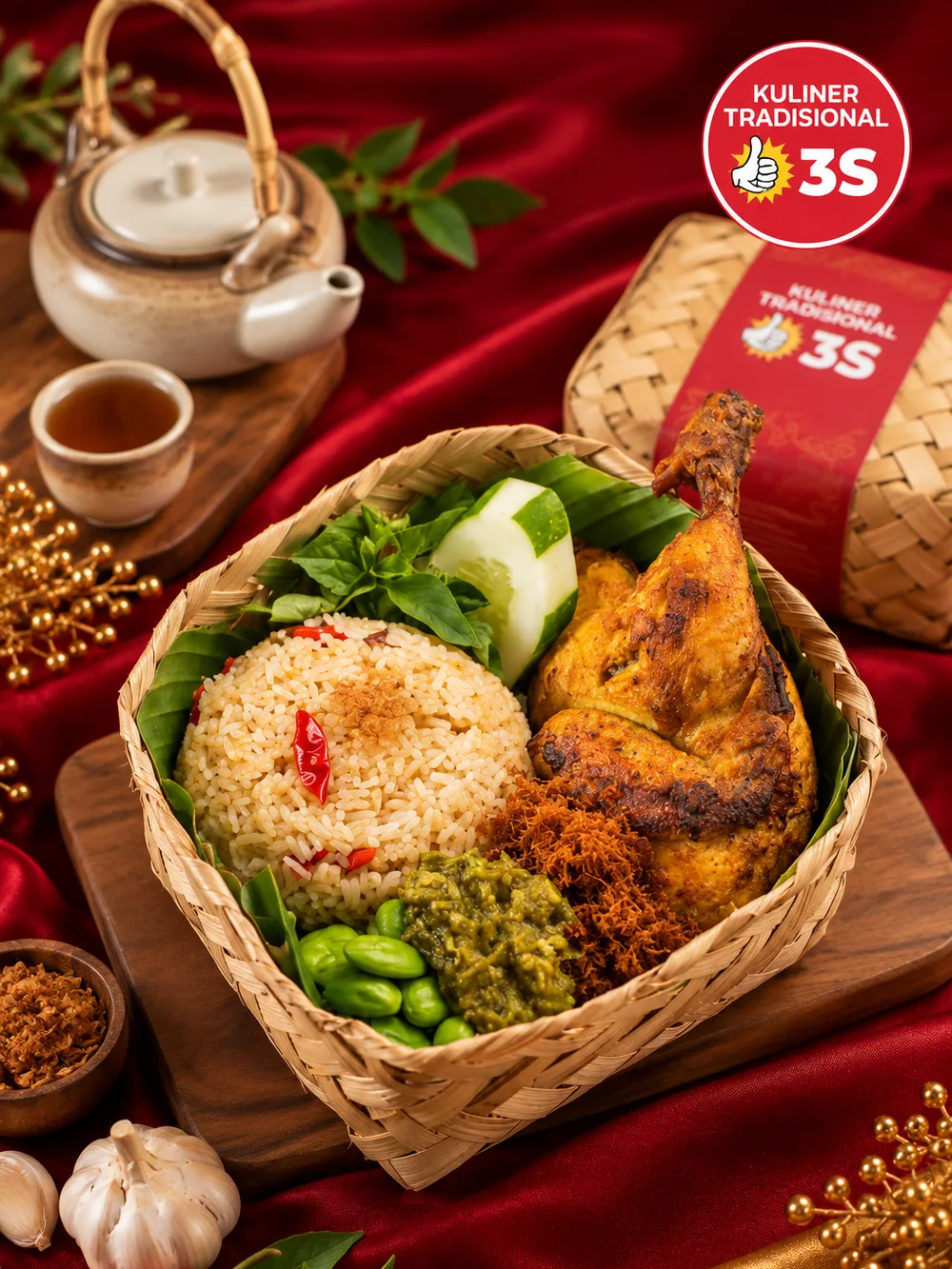 Nasi Liwet — nasi gurih dengan ayam bakar bumbu kuning, sambal ijo, serundeng dan edamame dalam besek anyaman, di sebelah besek bermerek Kuliner Tradisional 3S