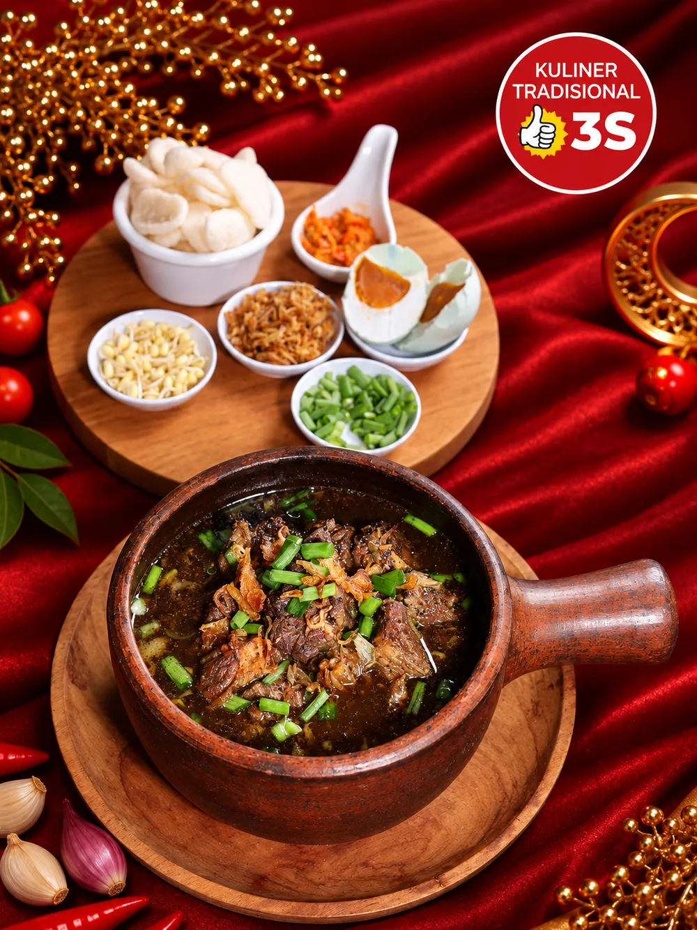 Rawon — kuah kluwek hitam pekat dengan daging sapi dalam pot tanah liat, ditemani kerupuk, sambal, telur asin, bawang goreng dan daun bawang di papan kayu bundar, berlatar satin merah