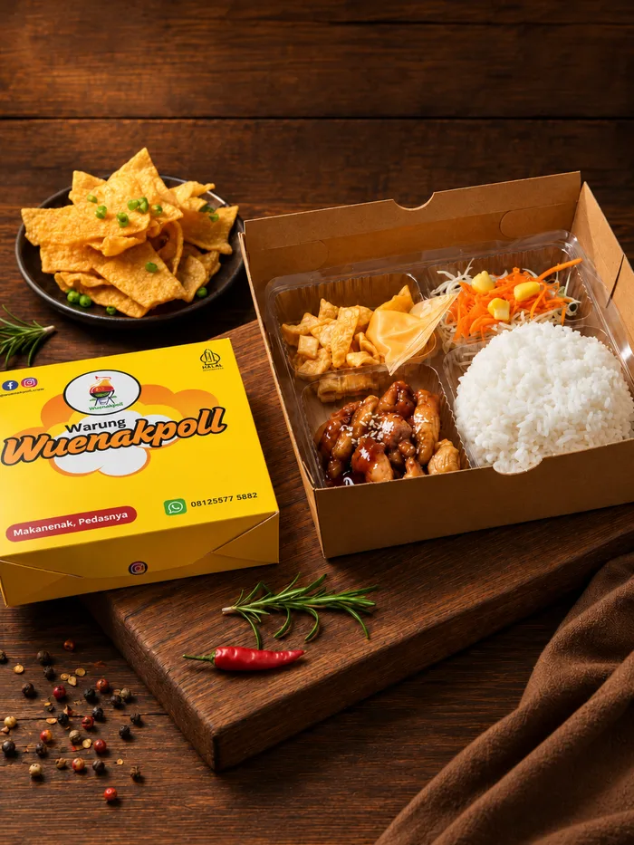 Nasi box Wuenak Poll dengan ayam kecap, nasi, acar dan keripik
