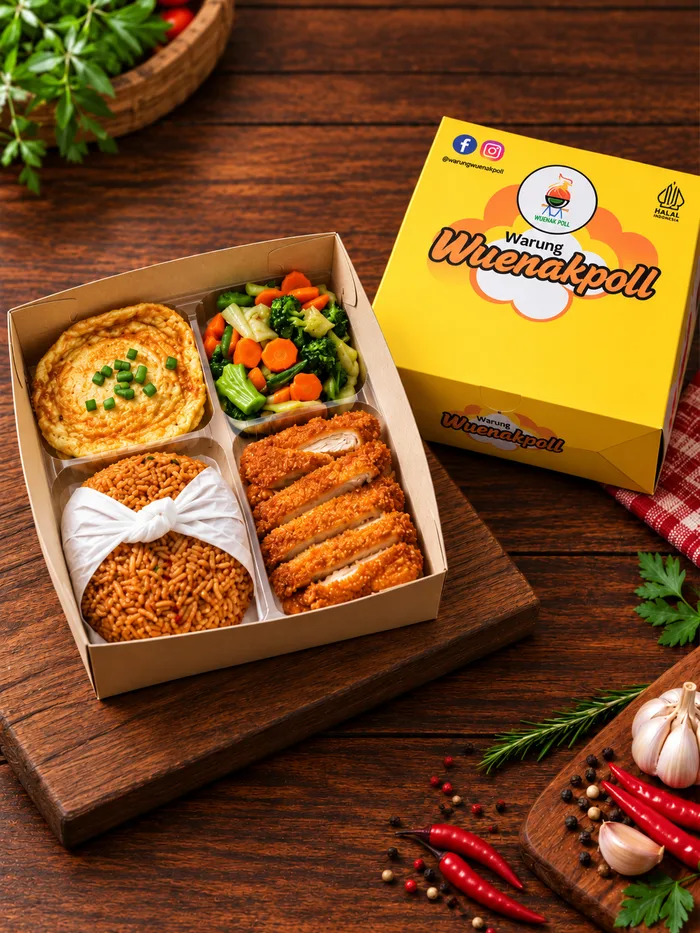 Nasi box Wuenak Poll berisi mie goreng, telur dadar, tumis sayur dan ayam