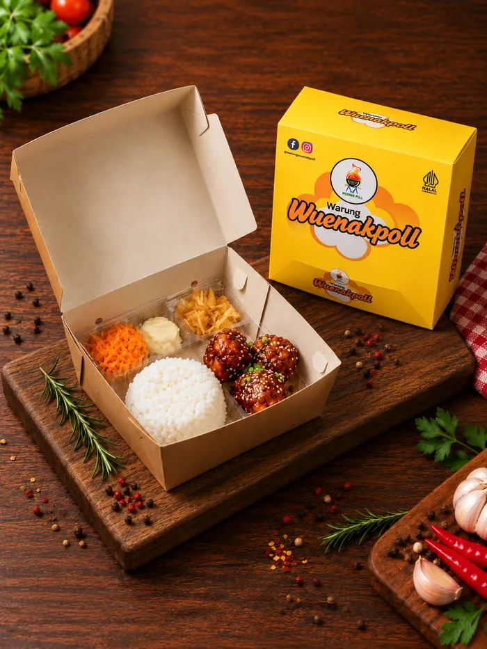 Nasi box Wuenak Poll dengan nasi, ayam berbumbu dan pelengkap