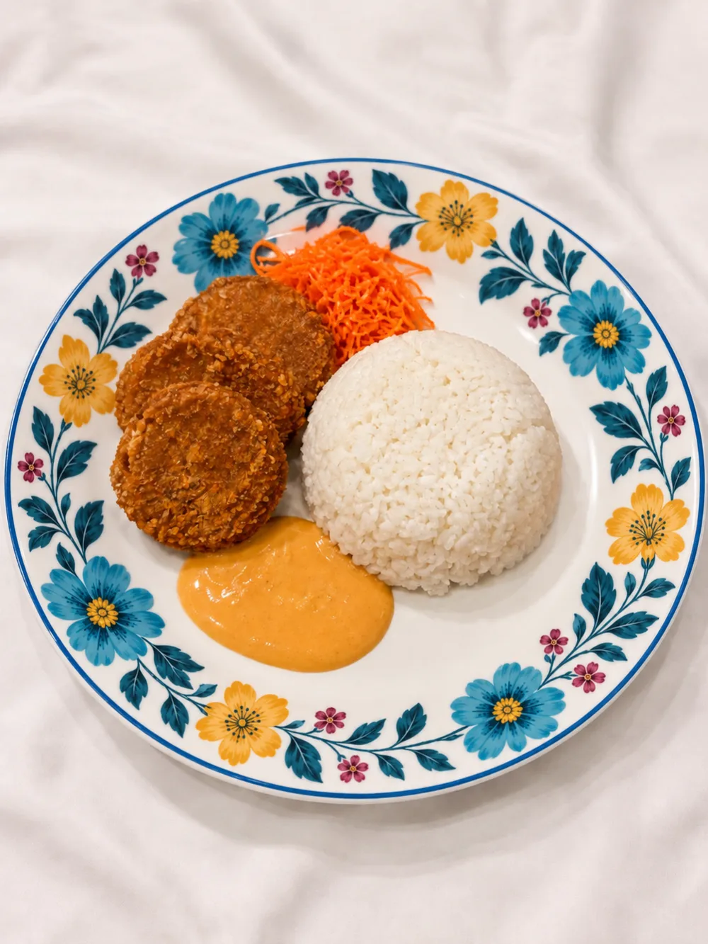 Chicken Coin — dua keping ayam goreng bulat dengan nasi putih, saus, dan wortel parut di piring bermotif bunga