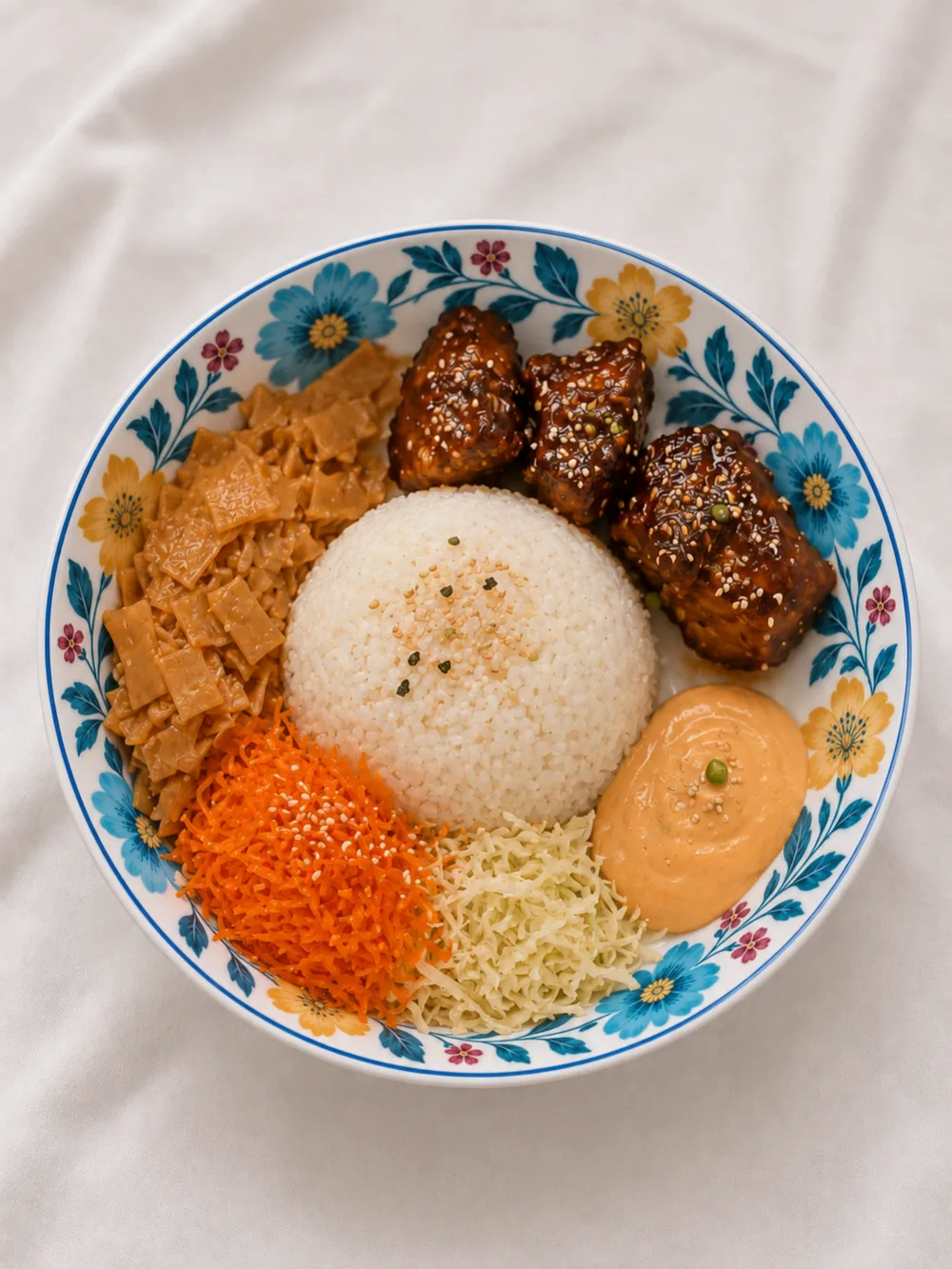 Korean Chicken Rice Bowl — ayam glaze manis pedas bertabur wijen, nasi putih, wortel parut, keju dan saus di piring bermotif bunga