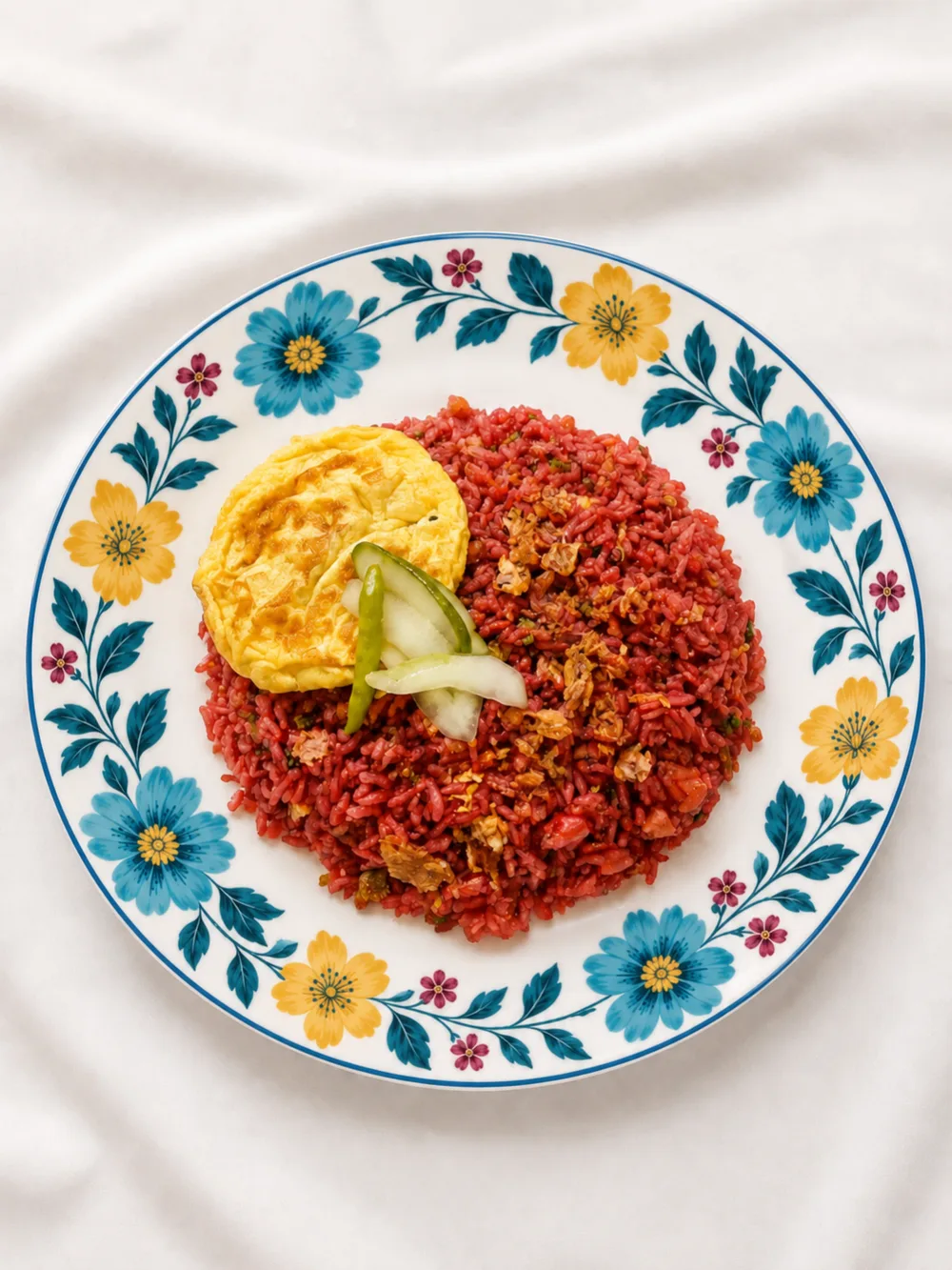 Nasi Goreng merah dengan telur dadar iris, timun dan cabai hijau di piring bermotif bunga