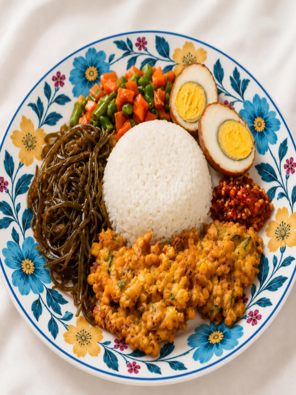 Nasi Campur Bakwan Goreng — bakwan jagung, bihun goreng, telur pindang belah, tumis wortel buncis dan sambal