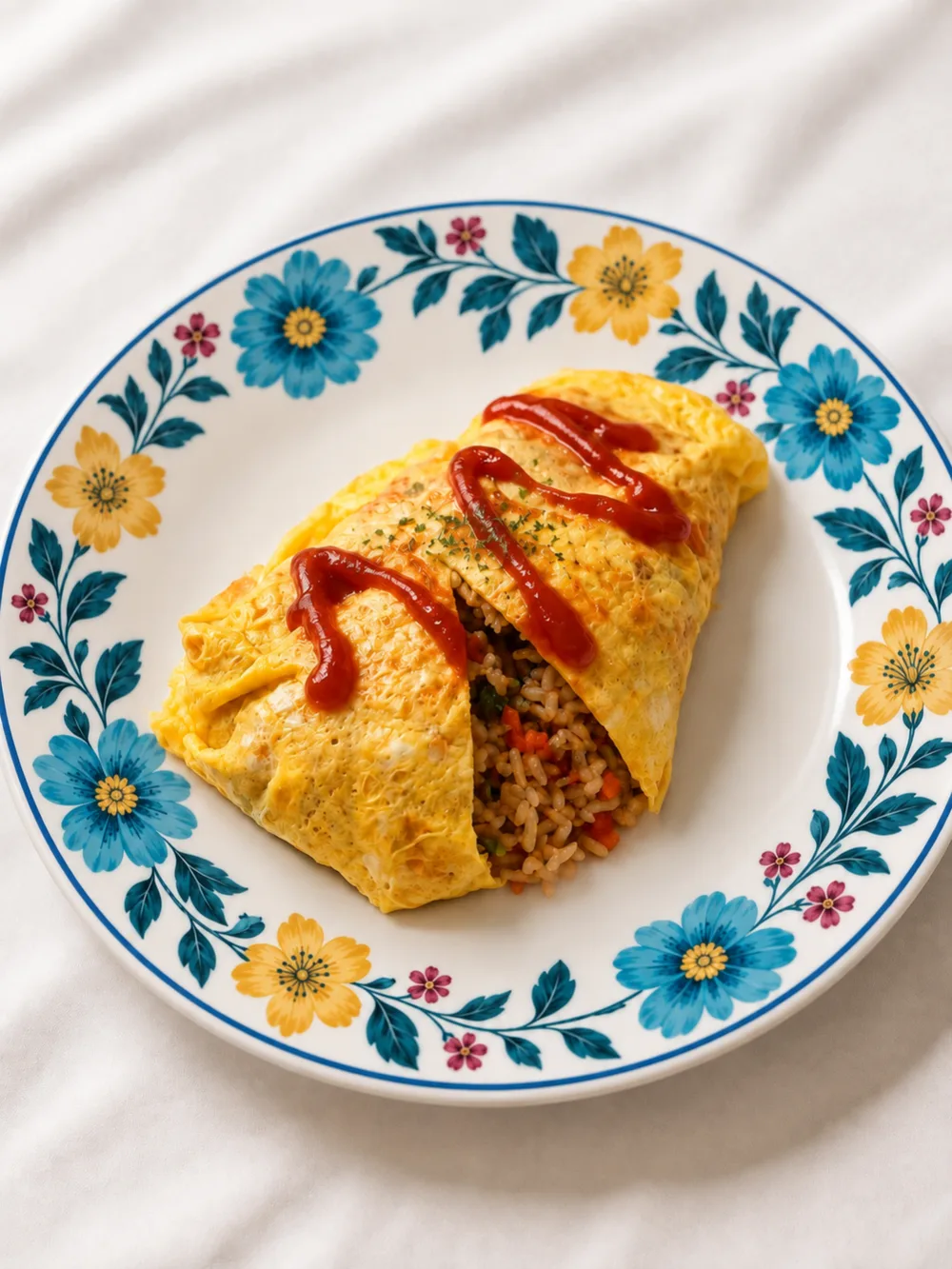Omurice — nasi goreng terbungkus telur dadar tipis dengan saus tomat di atasnya